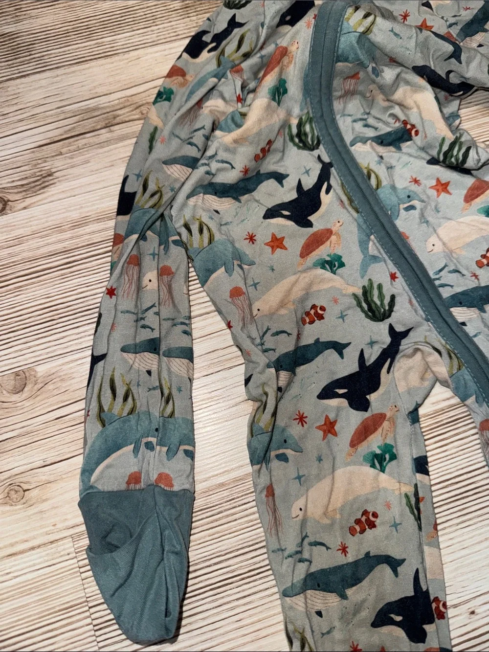 Kind thing bamboo Kids Ocean Shark Print One-Piece Pajamas in Teal